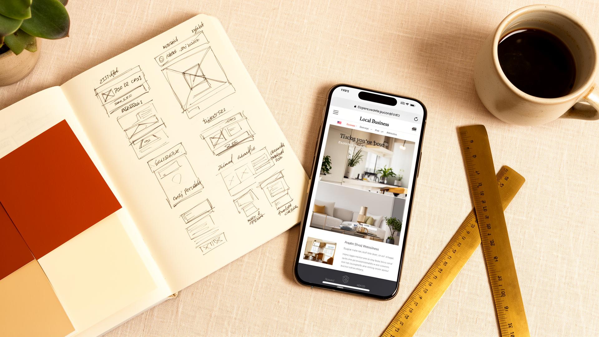 Designer's desk with sketches and a phone mockup