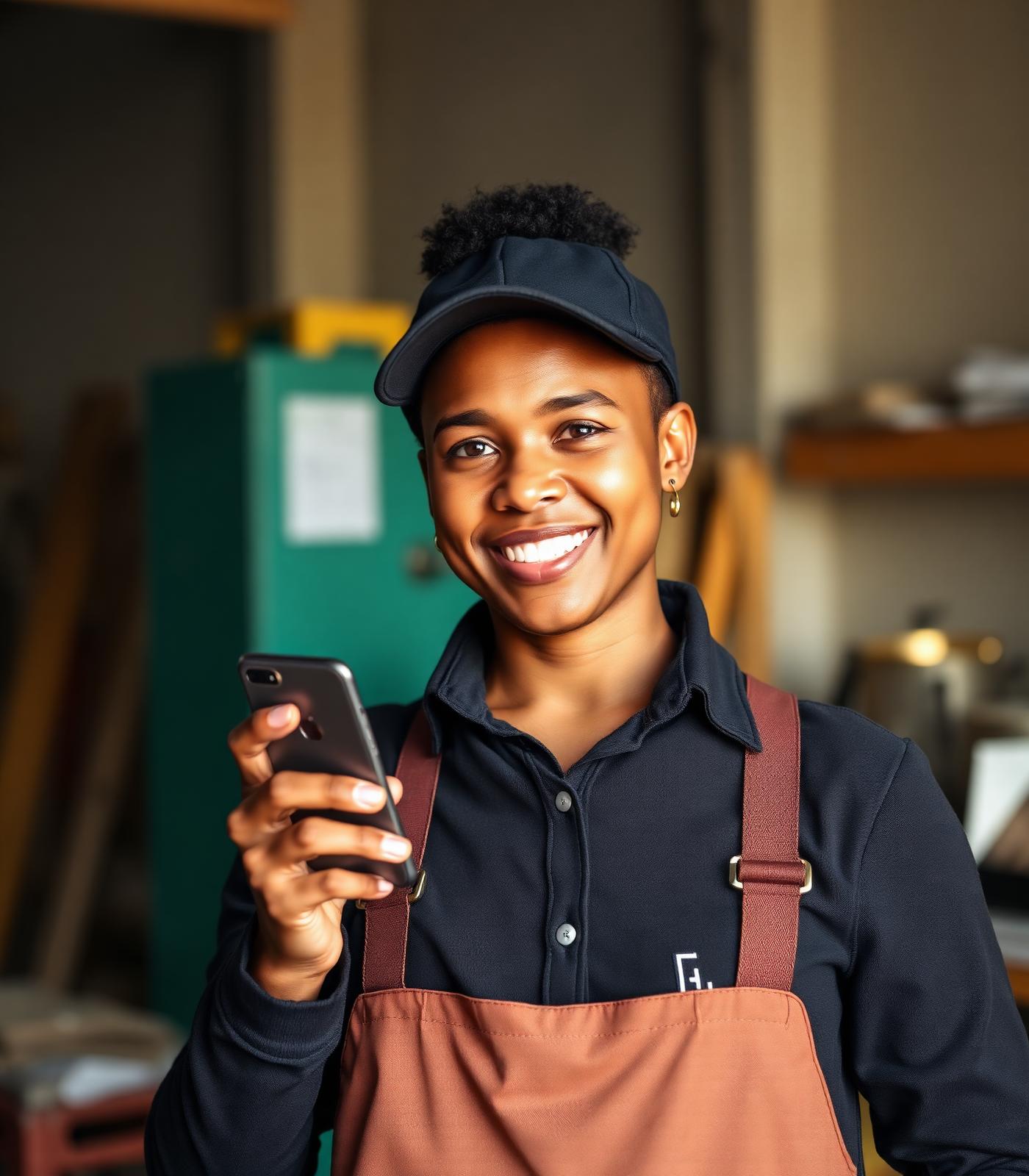 A trade business owner checking their business on a phone